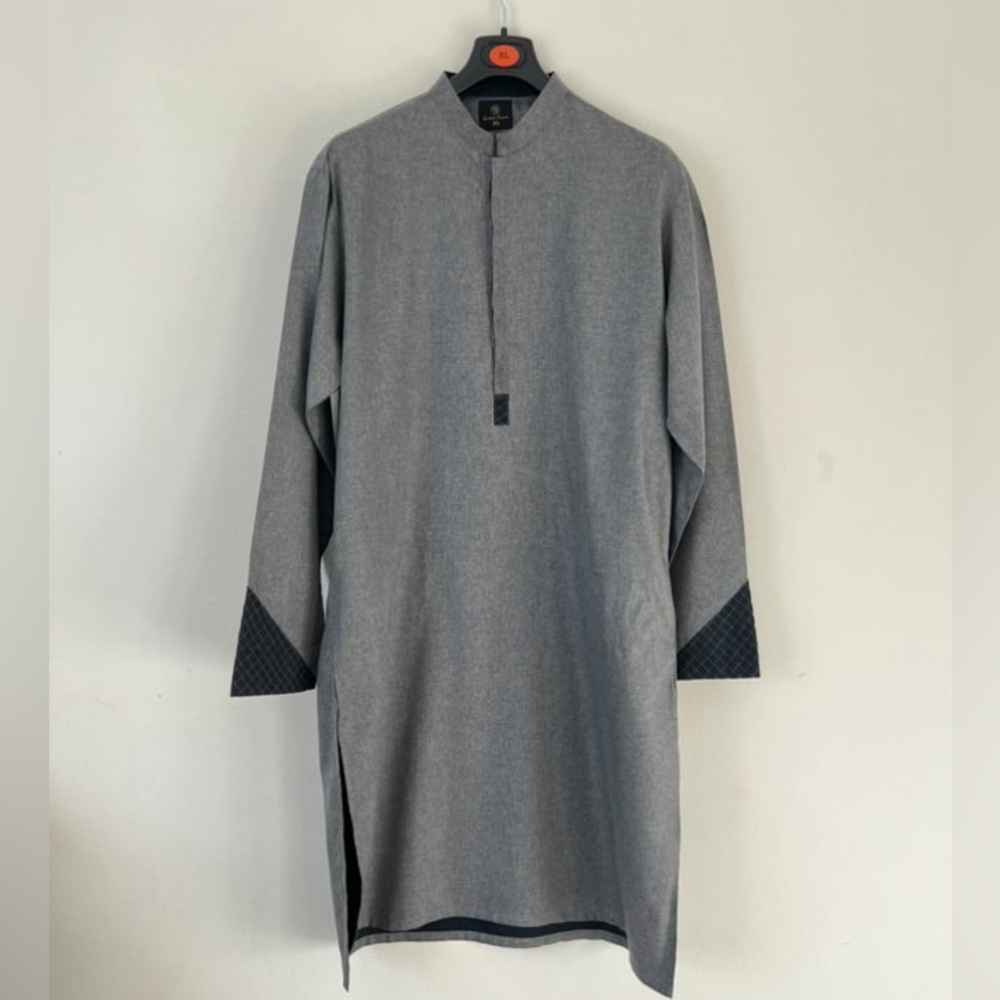 Mens Pakistani Stylish Grey Ban Collar Kurta